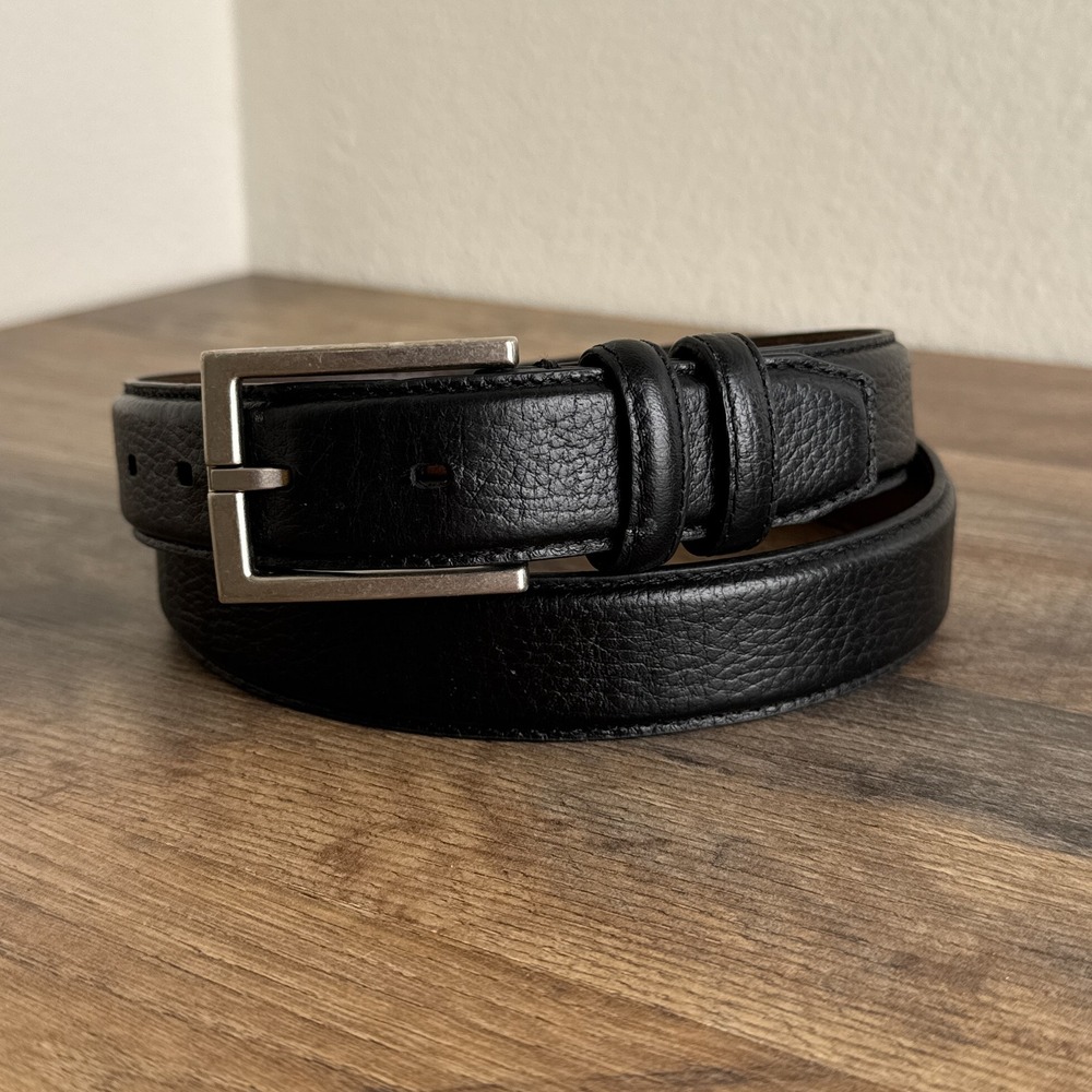 Golf Pebble Grain Leather Belt Silver Buckle Black Mens Size 38